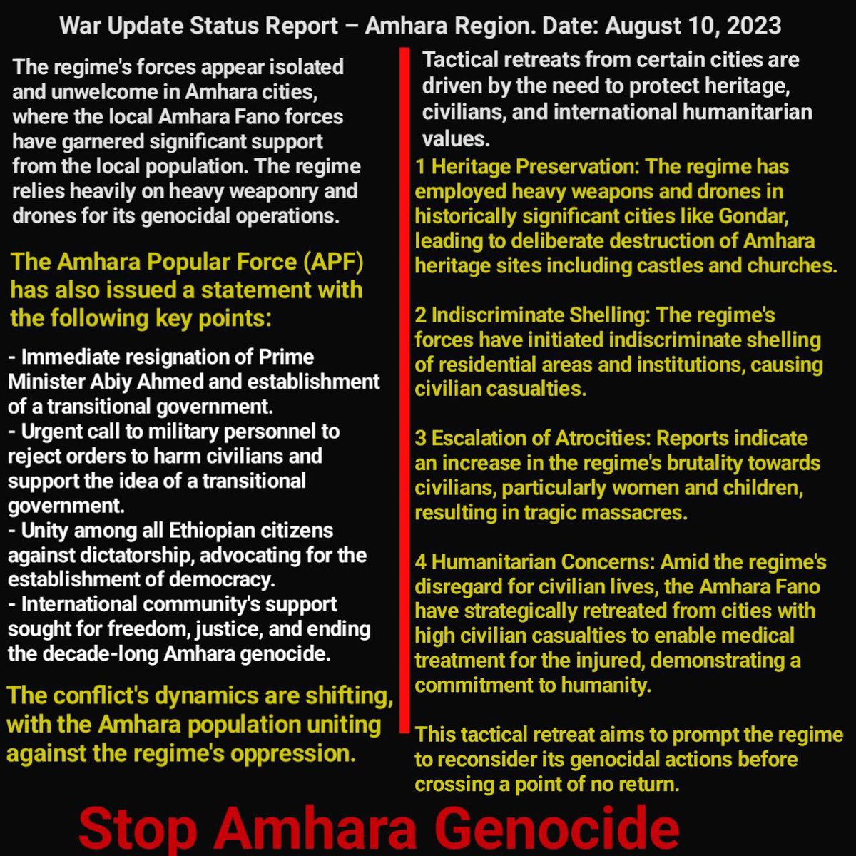 tadesse_yuri's tweet photo. War Update Status Report – Amhara Region. Date: August 10, 2023

The war in the Amhara region has evolved into a people's struggle against a more heavily armed regime with  firepower like drones . The regime's forces appear isolated and unwelcome in Amhara cities, where the local Amhara Fano forces have garnered significant support from the local population. The regime relies heavily on heavy weaponry and drones for its genocidal operations.

The Amhara Fano leaders have implemented strategic withdrawals from major cities like Gondar and Debrebrhan for the following reasons:

1 Heritage Preservation:
The regime has employed heavy weapons and drones in historically significant cities like Gondar, leading to deliberate destruction of Amhara heritage sites including castles and churches.

2 Indiscriminate Shelling:
The regime's forces have initiated indiscriminate shelling of residential areas and institutions, causing civilian casualties.

3 Escalation of Atrocities:
Reports indicate an increase in the regime's brutality towards civilians, particularly women and children, resulting in tragic massacres.

4 Humanitarian Concerns:
Amid the regime's disregard for civilian lives, the Amhara Fano have strategically retreated from cities with high civilian casualties to enable medical treatment for the injured, demonstrating a commitment to humanity.

This tactical retreat aims to prompt the regime to reconsider its genocidal actions before crossing a point of no return.

Simultaneously, the Amhara Fano have made significant progress in the Southern Wollo area of the Amhara region. The Amhara Popular Force (APF) has also issued a statement with the following key points:

- Immediate resignation of Prime Minister Abiy Ahmed and establishment of a transitional government.
- Urgent call to military personnel to reject orders to harm civilians and support the idea of a transitional government.
- Unity among all Ethiopian citizens against dictatorship, advocating for the establishment of democracy.
- International community's support sought for freedom, justice, and ending the decade-long Amhara genocide.

The conflict's dynamics are shifting, with the Amhara population uniting against the regime's oppression. Tactical retreats from certain cities are driven by the need to protect heritage, civilians, and international humanitarian values. Meanwhile, the APF's statement highlights the call for change, democracy, and international support in ending the prolonged Amhara genocide.

@EthioHRC @ocaorg @amnesty @hrw @AJEnglish @BBCNews @CNN @AFP @UNHumanRights @UNESCO @EthioHRC @USEmbassyAddis 
@FRANCE24 @BBCAfrica @AJEnglish @washingtonpost @AFP @USEmbassyAddis @StateDept
@MWLOrg_en @CPJAsia @CPJ_Eurasia @ashenafi_meaza @pen_int @pressfreedom @CPJAfrica @CPJAmericas @AbiyAhmedAli @GPEthiopia @AAA_Amhara 
@UKinEthiopia @EthiopiaEU @MikeHammerUSA
@TiborPNagyJr @CohenOnAfrica
@AnaMartinsGomes @JosepBorrellF
@DanielBekele 
#WarOnAmhara
#AmharaGenocide
#FreeMeskeremAbera
#FreeAmharaDetainees