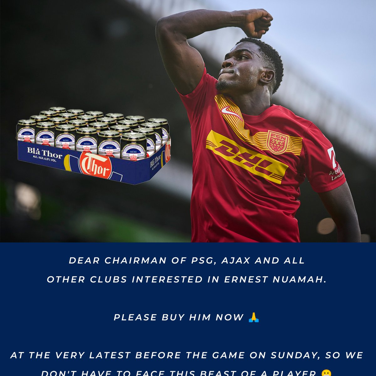 Randers_FC's tweet image. Dear chairman of @PSG_inside, @AFCAjax and all other clubs interested in Ernest Nuamah.  

Please buy him now 🙏 

At the very latest before the game on Sunday, so we don't have to face this beast of a player 😬 

Read arguments for buying him in the picture...  
#sldk #randersfc