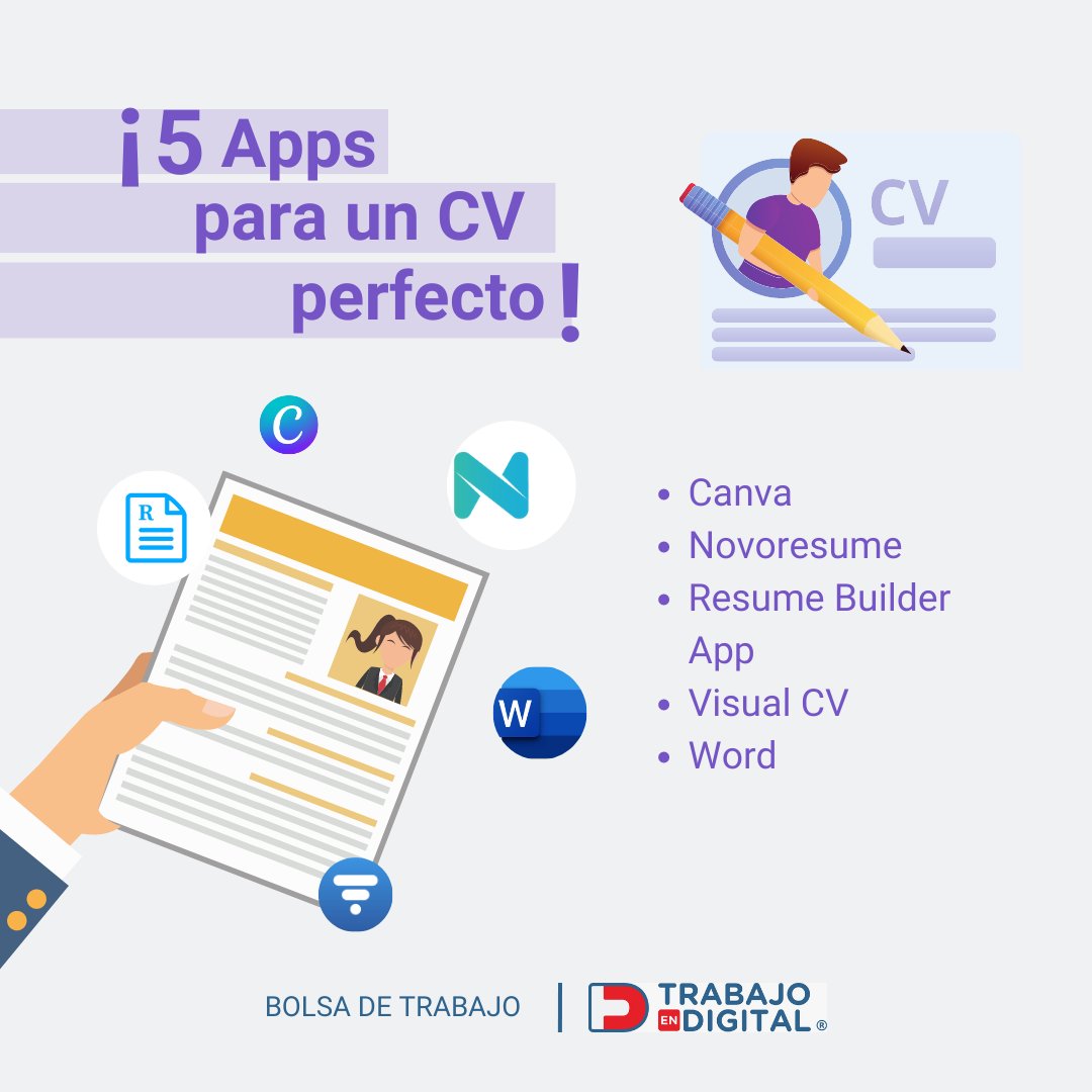 Trabajo_Digital's tweet photo. Te recomendamos estas apps para que puedas crear tu currículum en cuestión de minutos y destacar tus habilidades y experiencia de manera efectiva.
¿Las conocías?
#bolsadetrabajo #mexico #cv #homeoffice #trabajoremoto #apps #canva #novoresume #resumebuilderapp #visualcv #word https://t.co/iXtujxsMjB
