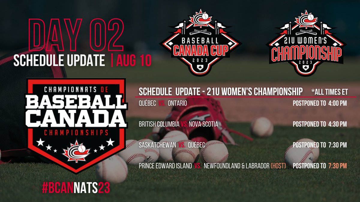 BaseballCANNats's tweet photo. Schedule update ☔️🚨
First pitch for all 21U Women’s Championship games have been adjusted due to weather

Catch the first game at 4:00 EDT (5:30 NDT) 
📺 https://t.co/JPFER6nBLA
📊 https://t.co/6kVBGWvgRu

#BCanNats23 https://t.co/A4tDTLa5Qs