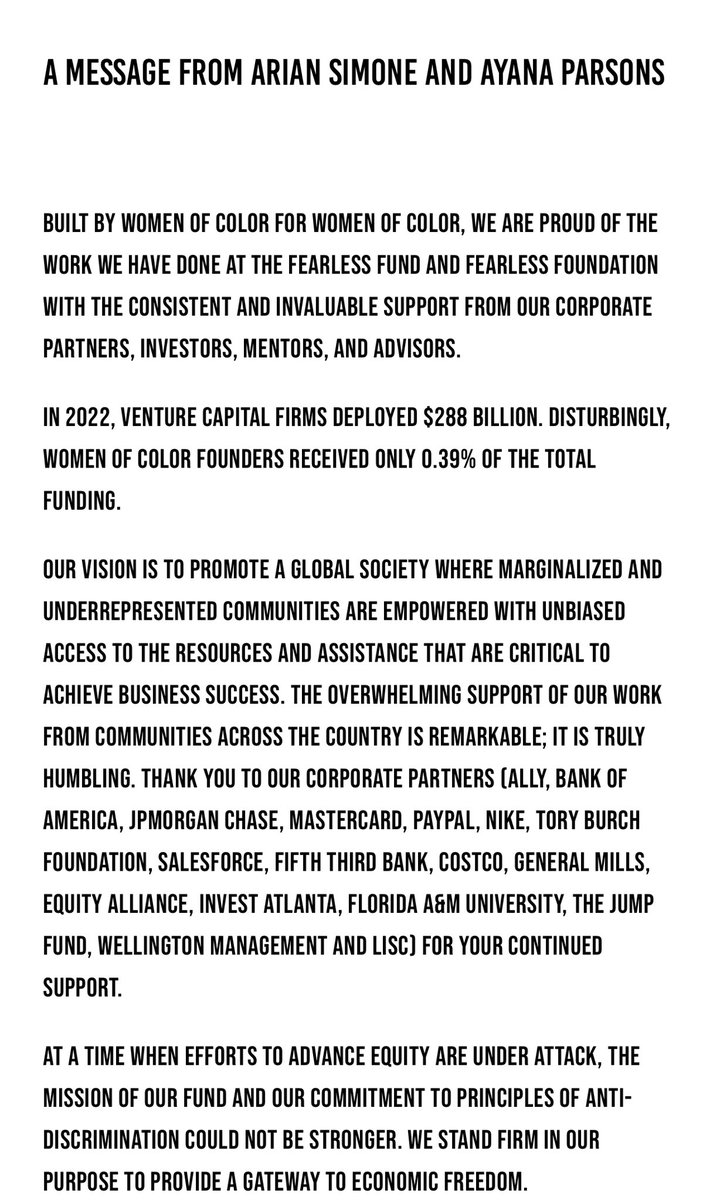 Monique Woodard (@moniquewoodard) on Twitter photo Lifting up this message from <a href="/ArianSimone/">Arian Simone</a> and Ayana Parsons <a href="/FearlessFund/">FearlessFund</a>.
Their words and willingness to fight is all that really needs to be said. I hope this turns into even more opportunity for them.
Bring a folding chair 🪑- fearlessfreedomnow.org
#FearlessFreedomNow Lifting up this message from <a href="/ArianSimone/">Arian Simone</a> and Ayana Parsons <a href="/FearlessFund/">FearlessFund</a>.
Their words and willingness to fight is all that really needs to be said. I hope this turns into even more opportunity for them.
Bring a folding chair 🪑- fearlessfreedomnow.org
#FearlessFreedomNow