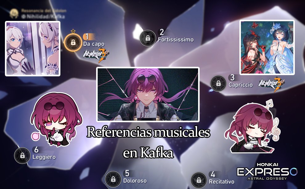 -Referencias musicales en #Kafka  -  

Kafka de #HonkaiStarRail está plagada de referencias musicales, y esto lo podemos ver en sus Eidolones y en su tráiler de presentación. 

En su demo de presentación, se puede escuchar la canción de Antonio Vivaldi, llamada 'Winter' mezclado…