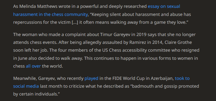 IglesiasYosha's tweet photo. Grandmasters who have committed sexual assaults continue to play chess all over the world, while their victims quit the game they love

FIDE and most national federations will do nothing unless they are forced to. This is why we need public pressure

Speaking out is the only way https://t.co/C6BR4na1d6