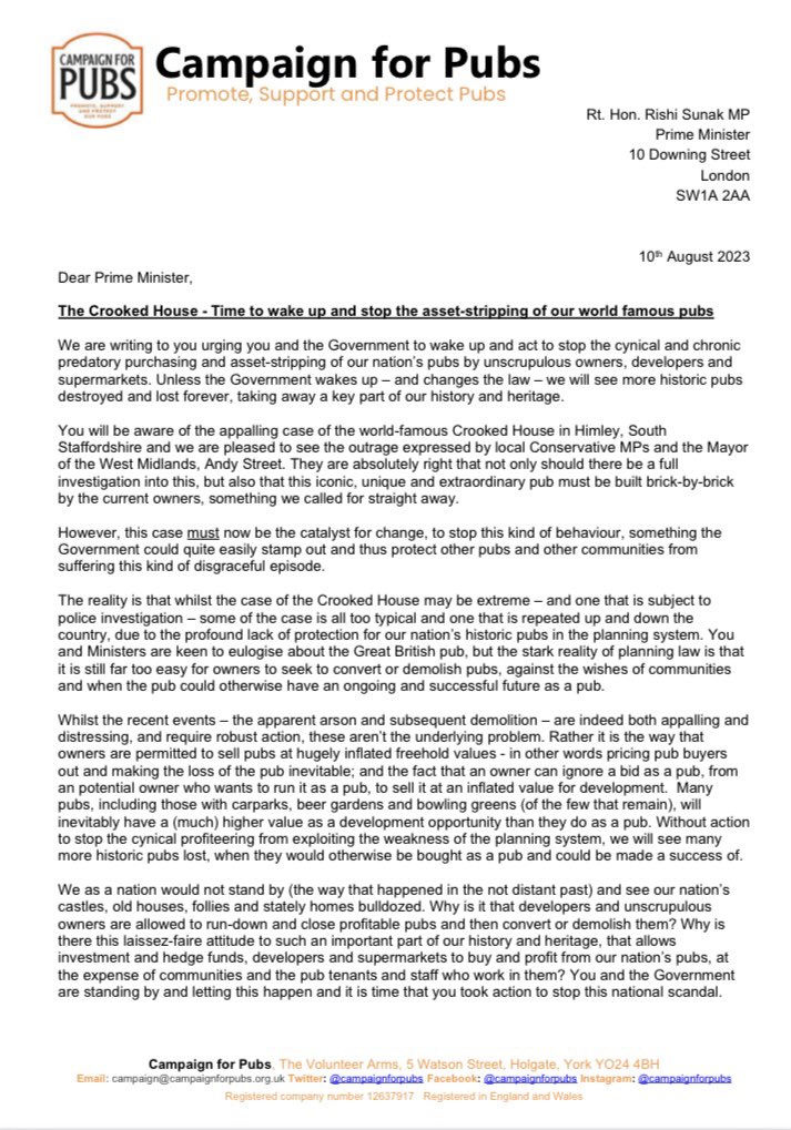 CampaignforPubs's tweet image. ENOUGH IS ENOUGH: The shocking case of the #CrookedHouse must be a catalyst for change to stop the endemic asset-stripping of our nation’s #pubs.

We’ve written to the Prime Minister @RishiSunak calling on him to stop #predatorypurchasing to #SaveourPubs

campaignforpubs.org.uk/press_release/…