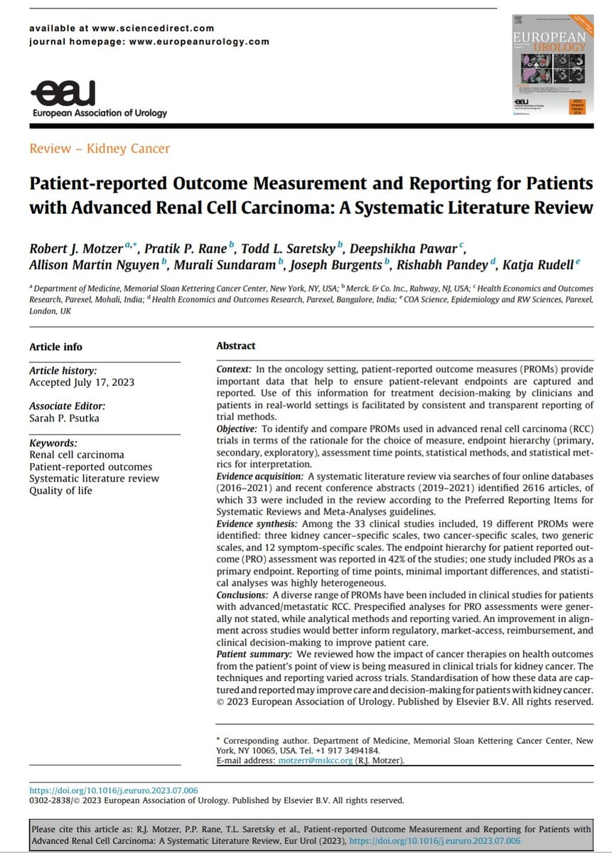 Oye, que @motzermd te tenga en cuenta para una revisión... Quiere decir que algo se estará haciendo bien, ¿no? @UronefroHUVR 

#RenalCancer #Urology #PROMS 

🌐doi.org/10.1016/j.euru…