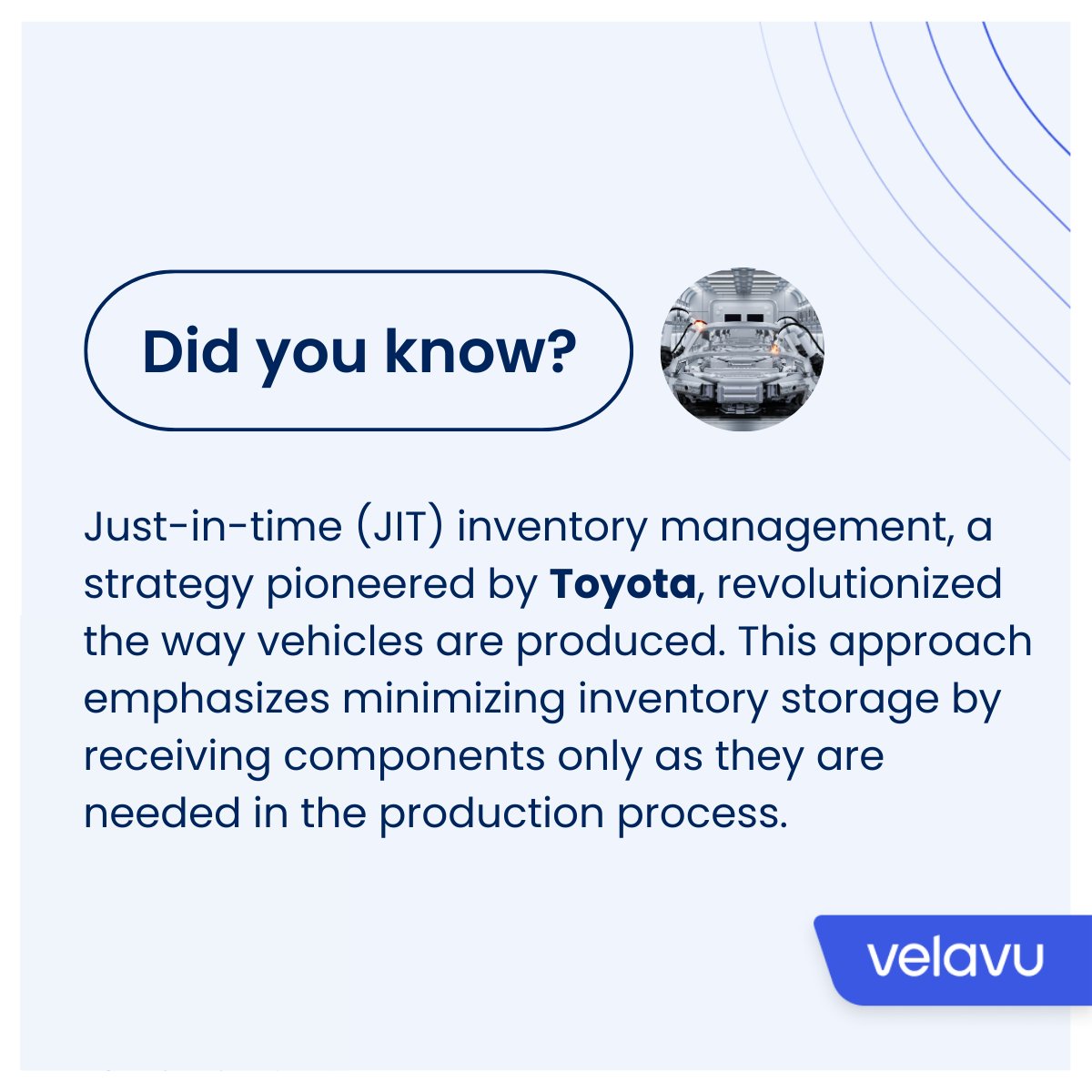 velavu_tech's tweet photo. The more you know 🚗  #factoftheday 

#automotiveindustry #autmotiveinventorymanagement #RTLS #traceability #assetmanagement #assettracking #thursdayfact #justintime https://t.co/yYFEXpU1Cq