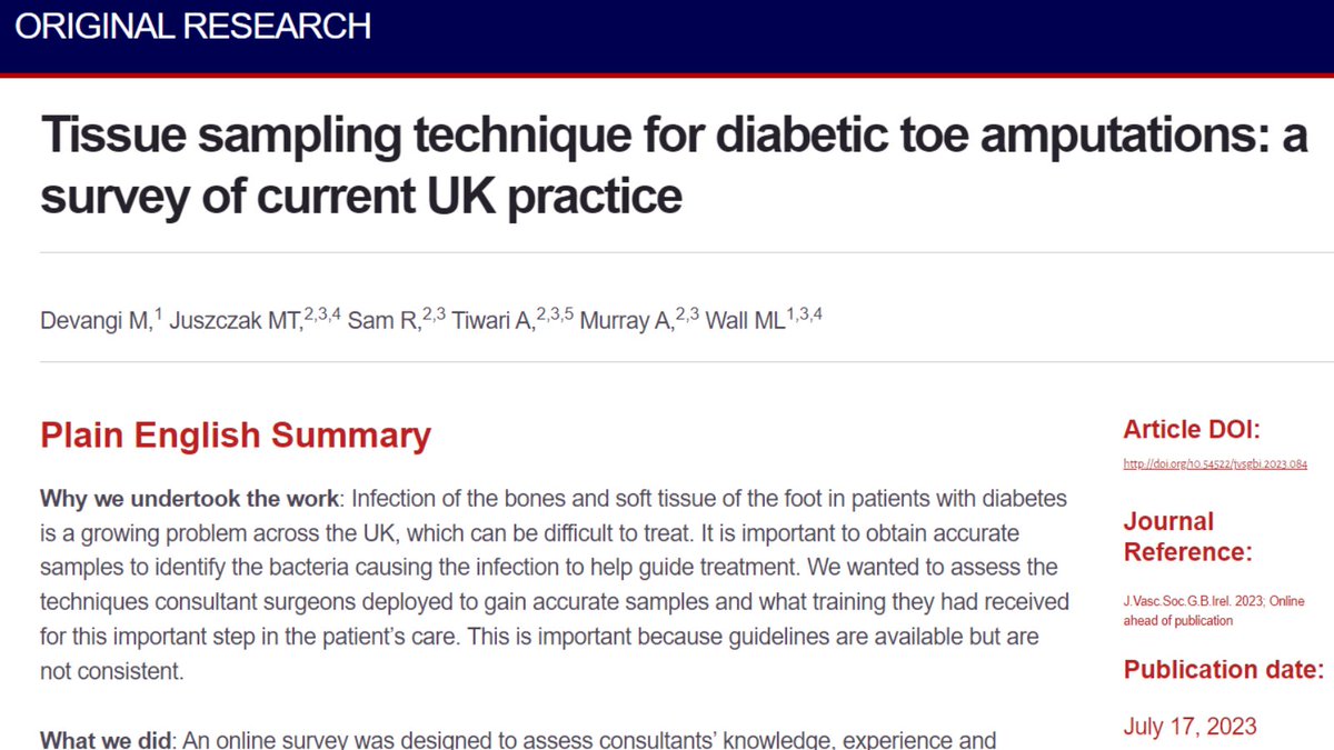 Tissue sampling technique for diabetic toe amputations: a survey of current UK practice. Full article: jvsgbi.com/online/tissue-… @BACPAR_official @BSETnews @BSIR_News @RouleauxClub @vascularnurses @svtgbi @vasgbi @VascResearchNet @vsgbi