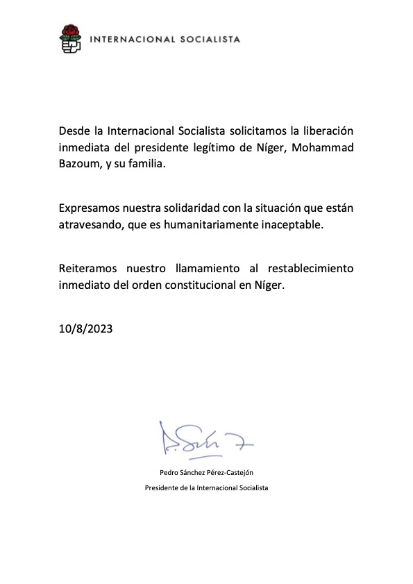 Declaración en apoyo al Presidente Bazoum - La Internacional Socialista se solidariza firmemente con el llamado del Presidente Bazoum para la restauración inmediata del orden constitucional en Níger. #ApoyoABazoum #ConstituciónNígerPrimero #Níger <a href="/mohamedbazoum/">Mohamed Bazoum</a>