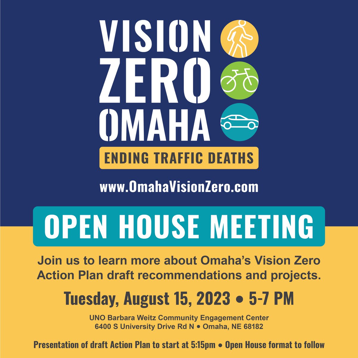 Omaha has committed to eliminating traffic deaths and serious injuries on our streets.  NO loss of life is acceptable! Join us as we share Vision Zero Omaha’s draft recommendations at our Open House on 8/15 from 5-7 PM at the UNO CEC. OmahaVisionZero.com  #EndingTrafficDeaths