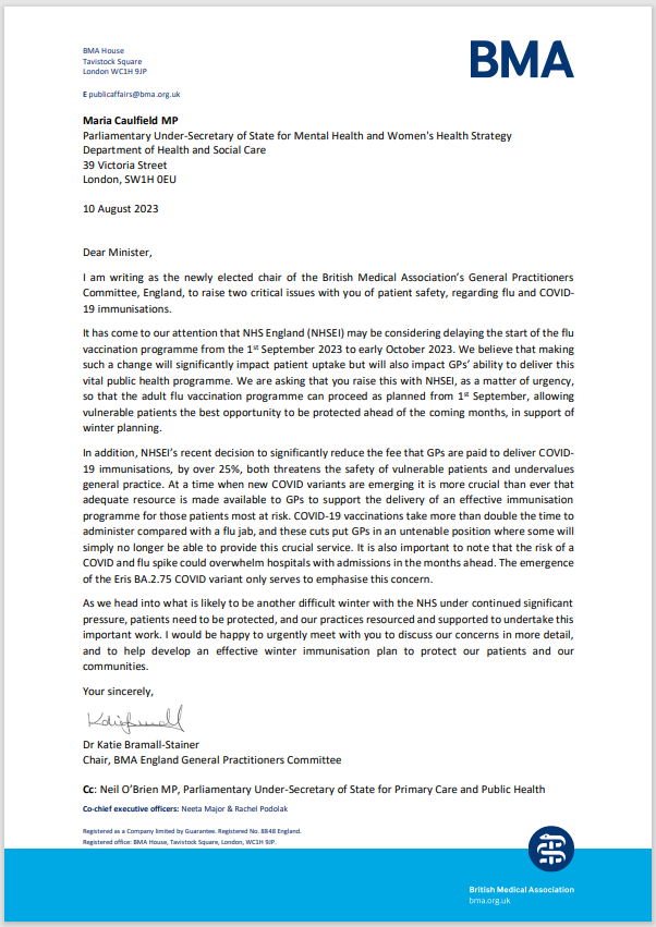 BMA_GP's tweet photo. GPC England Chair Dr Katie Bramall-Stainer @doctor_katie has today written to Government seeking an urgent meeting after news that NHS England is considering delaying the start of the Covid and Flu vaccination programmes this autumn. Read more here ⬇️
https://t.co/SO77tyvNso https://t.co/7BNUFSPYrN