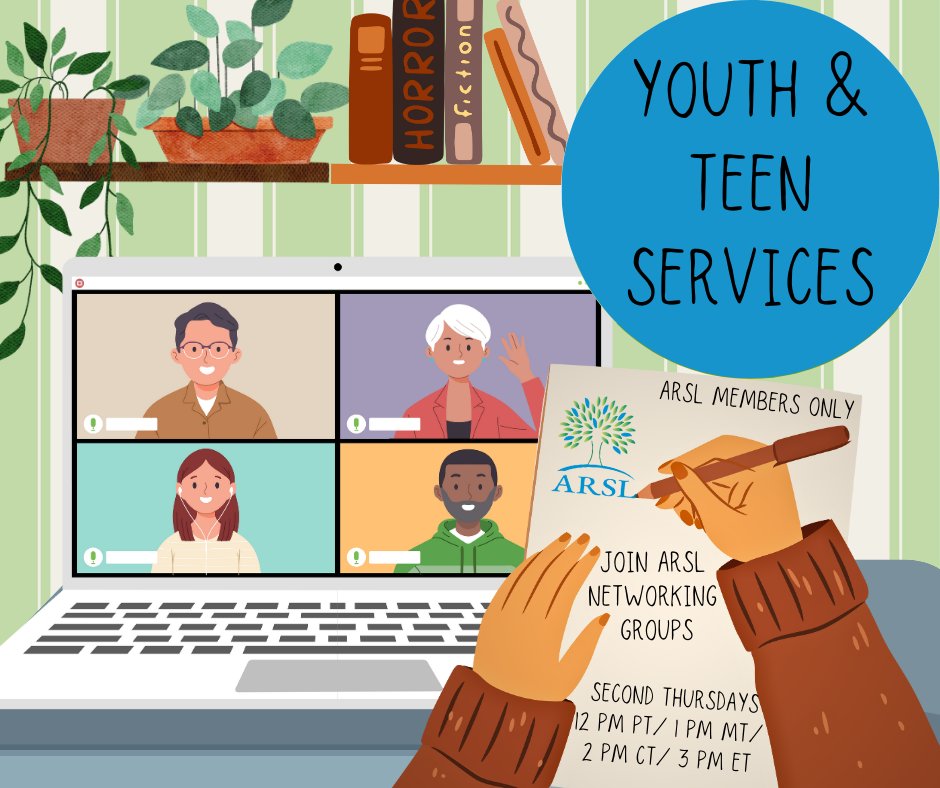 Join our ARSL Networking Groups! We are hosting our Youth & Teen Services group today, 8/10, @ 12 pm PT/ 3 pm ET. Meeting Requirements: ARSL Membership and Zoom registration (us06web.zoom.us/meeting/regist…) If you have any questions, please contact info@arsl.org.