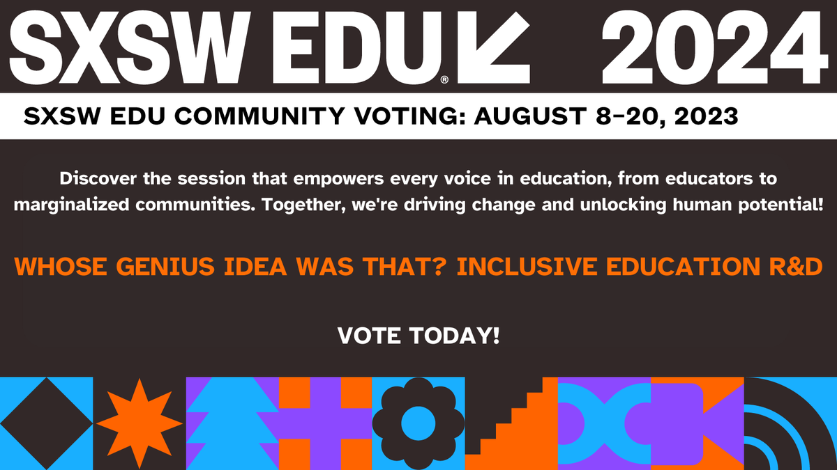erinmote's tweet photo. Your vote matters! Join the movement for inclusive
education R&amp;D at #SXSWedu. Support the session on unlocking human potential through innovation and
evidence-based research. Let's amplify voices often
unheard in education R&amp;D. Vote now at
https://t.co/Qvay3ZoL0P  #PanelPicker https://t.co/8t865iDnRB