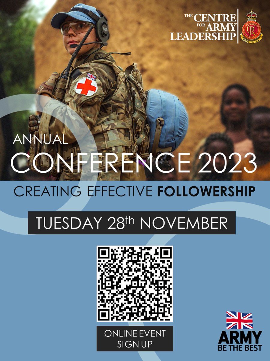 Army_Leadership's tweet image. 🌟Save the date - 28 Nov 23🌟

Registration to our annual conference (online attendance) is now live.

This year’s theme will be on ‘creating effective followership’ - the other side of the leadership equation!

Sign up to attend the online event here: shorturl.at/qJLWZ