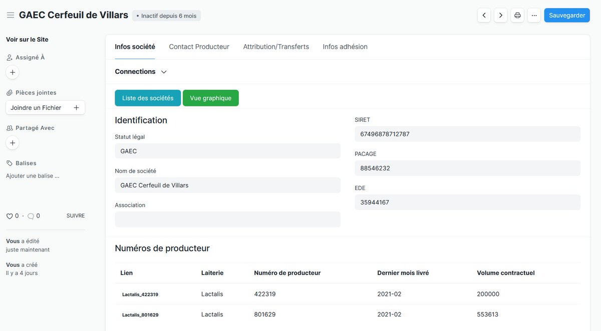 nextoplait's tweet photo. Les fiches société de #NextOPLait rassemblent toutes les informations utiles sur la structure pour l'#OP: n° SIRET, PACAGE, EDE, ... Chaque société peut avoir plusieurs numéros de producteurs. La localisation GPS est calculée depuis l'adresse postale et montrée sur une carte. https://t.co/WFvTpSrhC6