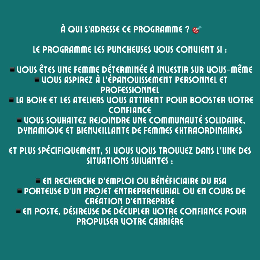 lesPuncheuses's tweet photo. APPEL À CANDIDATURE "LES PUNCHEUSES" - PROMO OCTOBRE 2023 
💪 Rejoignez la 4ème Promo @lesPuncheuses 
📅 Candidatez  jusqu'au 17/09/2023
💼 Empowerment
🥊 Boxe &amp; ateliers inspirants

Postulez dès maintenant 👉 https://t.co/AiysQM0Zb1 https://t.co/2VkVidUSuB