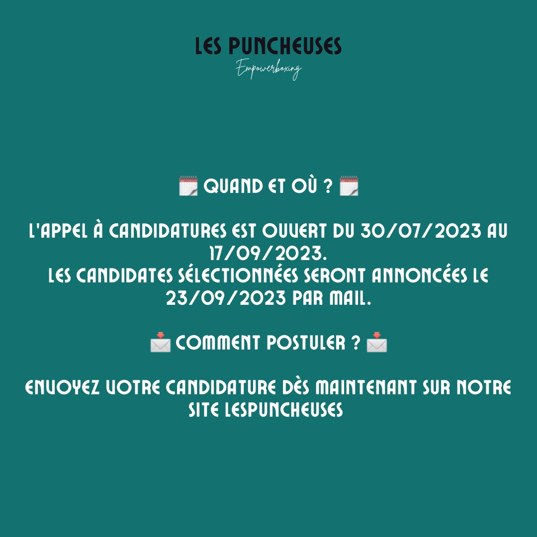lesPuncheuses's tweet photo. APPEL À CANDIDATURE "LES PUNCHEUSES" - PROMO OCTOBRE 2023 
💪 Rejoignez la 4ème Promo @lesPuncheuses 
📅 Candidatez  jusqu'au 17/09/2023
💼 Empowerment
🥊 Boxe &amp; ateliers inspirants

Postulez dès maintenant 👉 https://t.co/AiysQM0Zb1 https://t.co/2VkVidUSuB