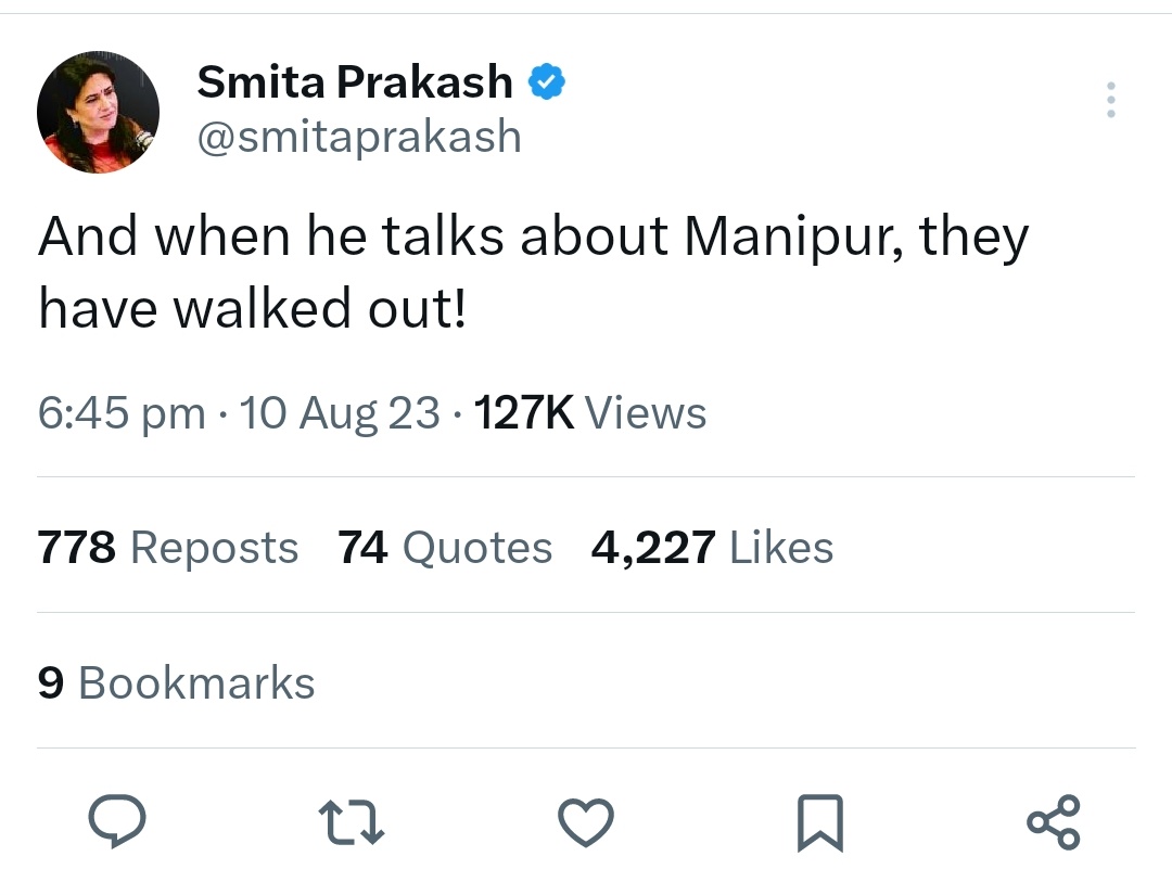 zoo_bear's tweet photo. Editor-in-Chief of ANI deleted her tweet after getting called out for misinformation. When is @ANI going to delete? 
Opposition MPs walk out of Lok sabha because PM Modi didn't speak on Manipur, He spoke after they walked out. #NoConfidenceMotion https://t.co/mOFoDWO9Hv