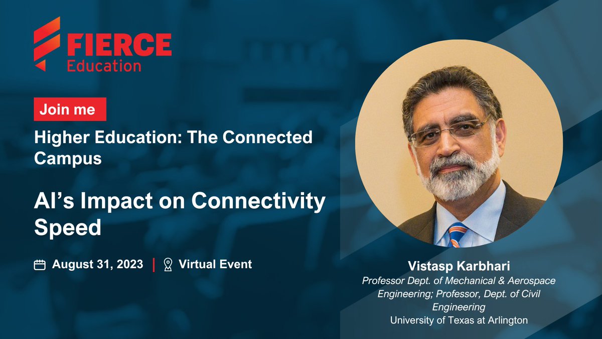 We are thrilled to announce that Vistasp Karbhari, Professor at <a href="/utarlington/">The University of Texas at Arlington</a>, will be joining us at the upcoming "The Connected Campus" virtual event! 🗣️ Be inspired as he speaks about "AI’s Impact on Connectivity Speed." Register now: bit.ly/EduCC23 

#ConnectedCampus