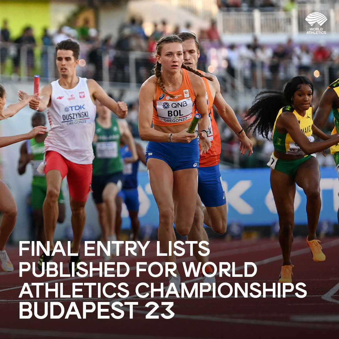 WorldAthletics's tweet photo. Final entry lists for @wabudapest23
confirm that more than 2100 athletes from 202 teams intend to compete at 🇭🇺’s new National Athletics Centre between 19-27 August.