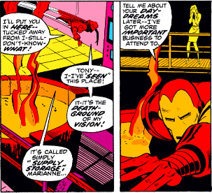 MarvelADay's tweet photo. #MarvelADay #IM51 Stark Industries is under attack by the Cyborg-Sinister. Tony actually saves Marianne from walking into danger, but drops her off in the exact room from her visions (which Iron Man completely dismisses now). - VA https://t.co/Tni1LeyhBl