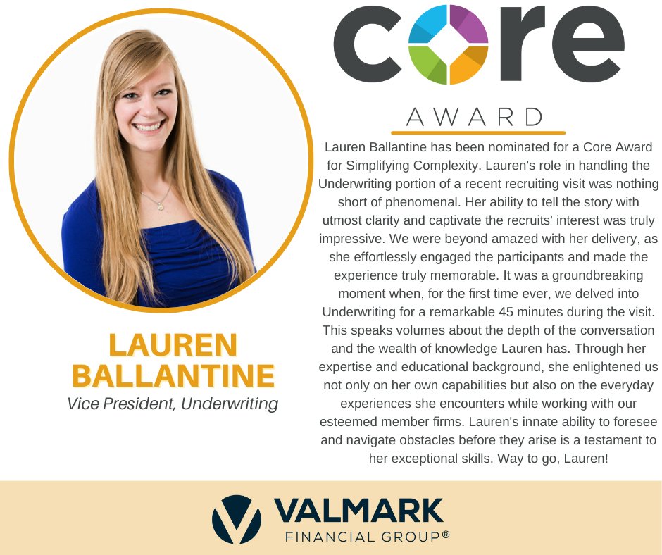 ValmarkFG's tweet photo. Last month, Valmark employee, Lauren Ballantine, was nominated for a Core Award for displaying our core value of Simplifying Complexity. Way to go, Lauren! https://t.co/BjmvGdfHYt