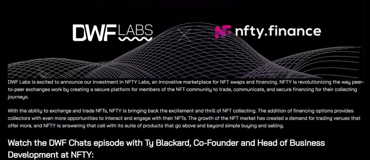 I aped into some $NFTY!

@NFTYFinance - NFTLending LAMM Platform has successfully completed its Testnet phase and is gearing up for the Mainnet launch.

- MM by @DWFLabs from 09/2022
- The project received an investment from DWFlabs in January 2023

Let's take a deep dive 🧵