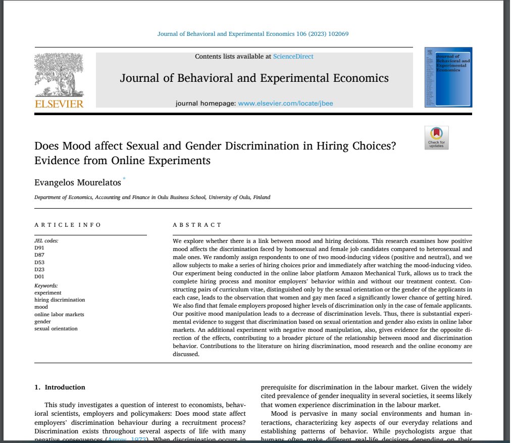 I am pleased to inform you that the final version of my paper titled "Does Mood affect Sexual and Gender Discrimination in Hiring Choices? Evidence from Online Experiments" has been published in the Journal of Behavioral and Experimental Economics.
#experiments #EconTwitter