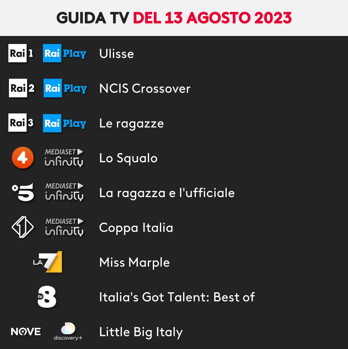 UnDueTreBlog's tweet photo. #GuidaTV del #13agosto 2023.

1⃣🌎 #Ulisse
2⃣🔍 #NCISCrossover
3⃣👩 #leRagazze
4⃣🦈 Lo Squalo
5⃣💕 #laRagazzaelUfficiale
6⃣⚽️ #CoppaItalia: #MonzaReggiana
7⃣👵 Miss Marple
8⃣👏 Italia's Got Talent - Best of
9⃣🍝 Little Big Italy https://t.co/zk8I3UaE9g