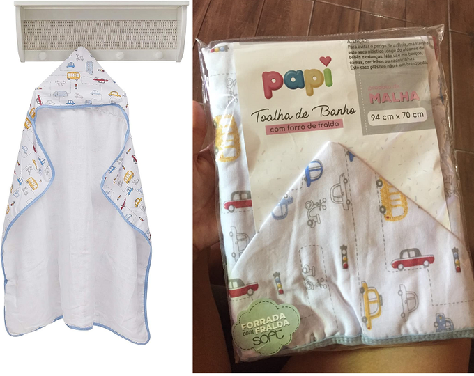 Toalha de Banho Papi Malhas Forrada C/ Capuz Estampado para Bebê 94cm X 70cm Contém 01 Un