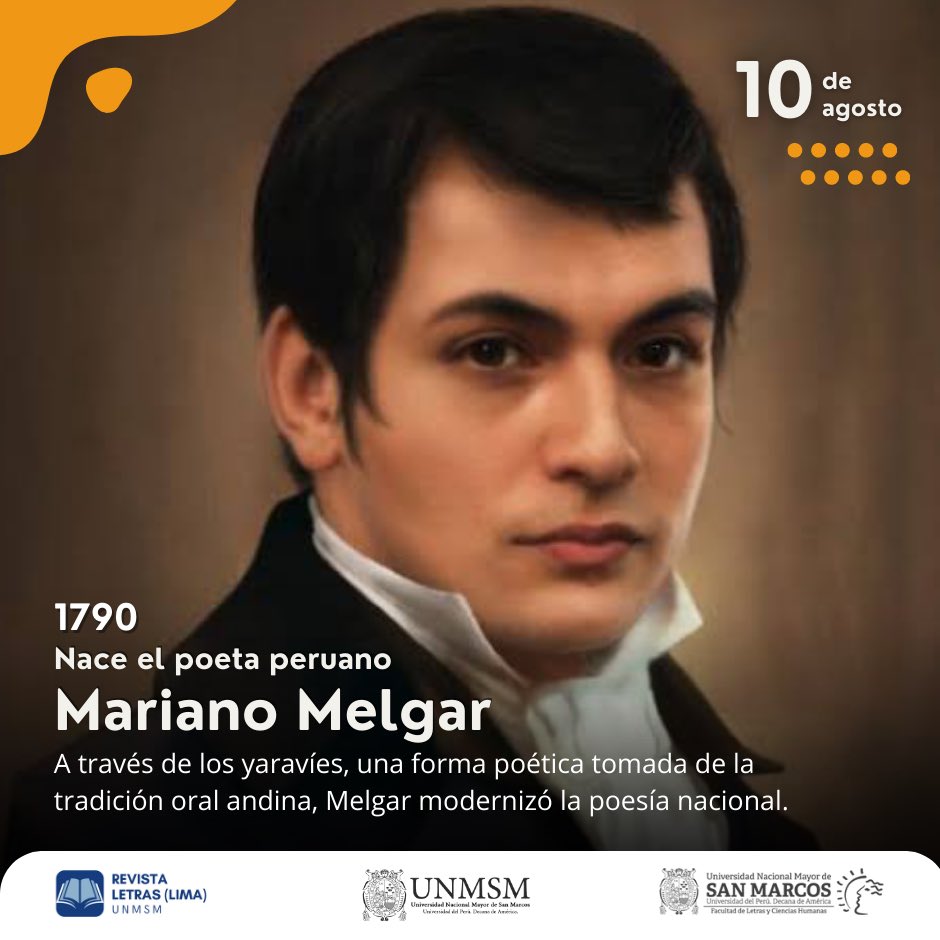 ▶️📚#Hoy se conmemora el nacimiento del poeta peruano Mariano Melgar. Se le conoce como el “poeta de los yaravíes”.
🗣️ “Póngansela ustedes que son los engañados porque América será libre antes de diez años”. 
#Efemérides #MarianoMelgar