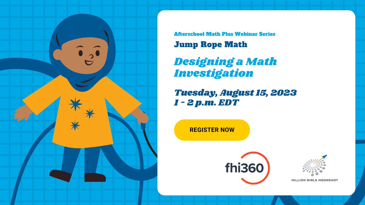 Register today for 'Jump Rope Math: Designing a Math Investigation' on August 15th from 1-2 PM EST Use bar graphs, line graphs, scatter graphs and Venn diagrams to explore different ways of answering math questions about jumping rope! Register Here: zoom.us/meeting/regist…