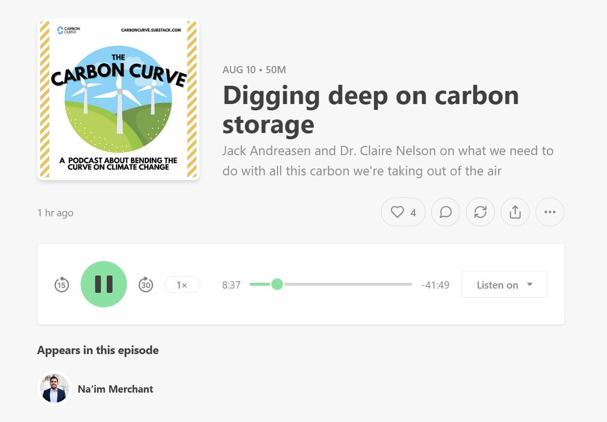Thanks to <a href="/naimmerchant/">Na’im Merchant</a> for having me on to discuss my favorite topic, geologic storage of CO2.

I talk regulatory and policy, while an actual geochemist, founder, and practitioner  Dr. Claire Nelson, covers the science and her company <a href="/cellaminerals/">cella</a> 

carboncurve.substack.com/p/digging-deep…