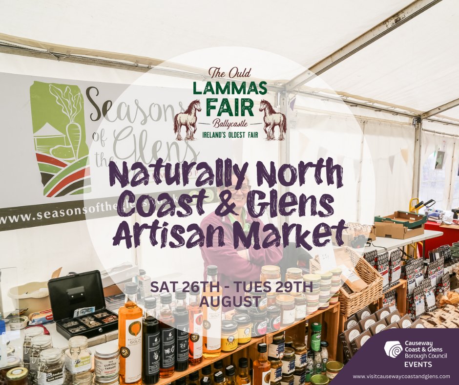 EventsCauseway's tweet photo. Lammas Fair 2023
Naturally North Coast &amp; Glens Artisan Market returns to the Seafront for the Lammas Fair!
Saturday 26th August
11am – 5pm &amp; 7pm – 9pm
Sunday 27th August
11am – 5pm &amp; 7pm – 9pm
Monday 28th
10am – 6pm
Tuesday 29th August
10am – 5pm
#LammasFair #ballycastle #ccgbc https://t.co/ZUiCk7595p