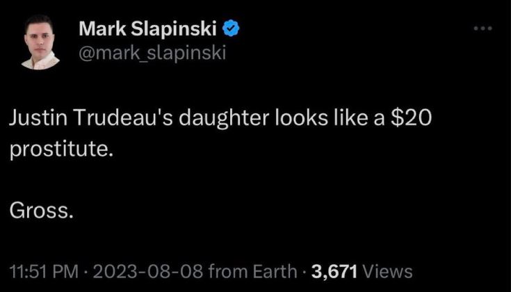 ABPoliticsGuy's tweet photo. Anyone know why Mark Slapinski's entire profile is now "protected"?
Is it because he was getting ratio'd hard for sexualizing a 14yo girl by saying Trudeau's daughter looks like a prostitute?
Or did some lawyers go after him for all the lies & ๐๐ฉ he spreads?
#NeverCON https://t.co/XZKb7zDk1G