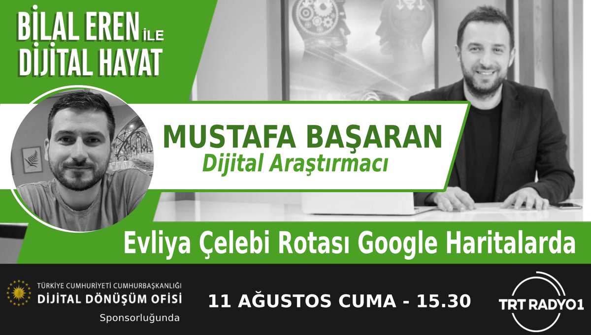 ❓Evliya Çelebi'nin Rotası Google Haritalarda Nasıl Bulunabilir?
❓Google Haritalarda İşaretleme Neden Önemli?
❓Teknik Olarak Nasıl Yapılıyor?

⏰ Yarın saat 15.30'da <a href="/erenbilal/">Dr. Bilal EREN</a> ile #DijitalHayat programımızın canlı yayın konuğu Dijital Araştırmacı Mustafa Başaran

🎧 TRT Radyo1