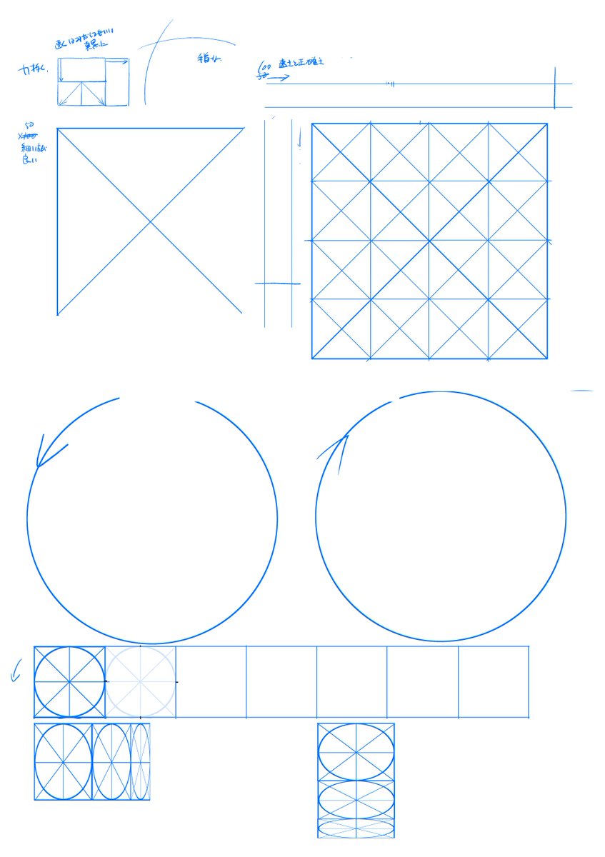 もう一つの垢でバスったやつ。描き始める前の体操みたいなの。手が思い通りに動かせるようになる練習でもあります。これをやってから描き始めると初めから手がスムーズに動きます。俺はデジタルでちょうどよい大きさに表示させてやってた。印刷してアナログでもいけるはず。
