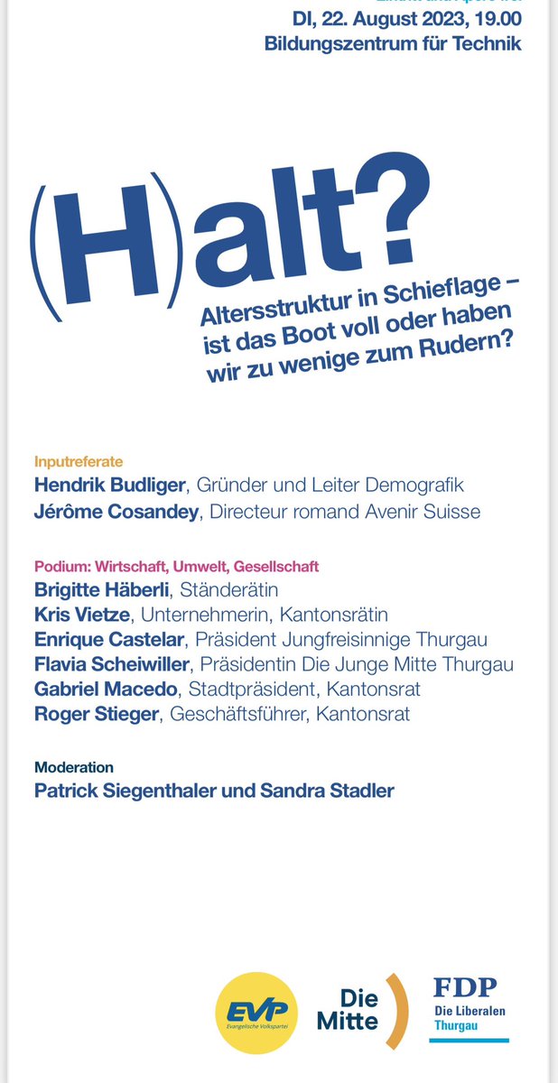 jf_tg's tweet photo. Die Auswirkungen des demografischen Wandels auf Wirtschaft, Umwelt und Gesellschaft. 

Kommen Sie vorbei und hören Sie den spannenden Referaten und den Podiumsdiskussionen der Politiker zu. 

Darunter befindet sich auch der Präsident der Jungfreisinnigen Thurgau @ELCastelar 📢 https://t.co/MG91hPrgaj