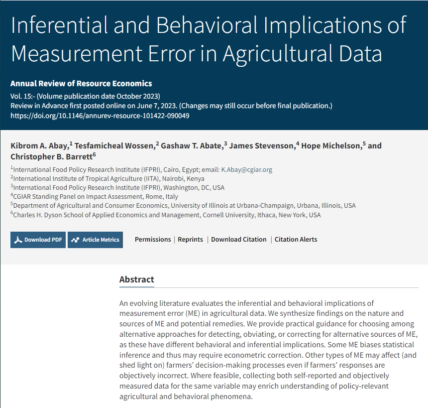 One for the measurement nerds: Review of measurement error in agriculture data out in @AnnualReviews @KibromAbay @gashaw_ta @michelson_hope @cbb2cornell & co cc. @IFPRI @IFPRIResearch @IITA_CGIAR annualreviews.org/doi/abs/10.114…