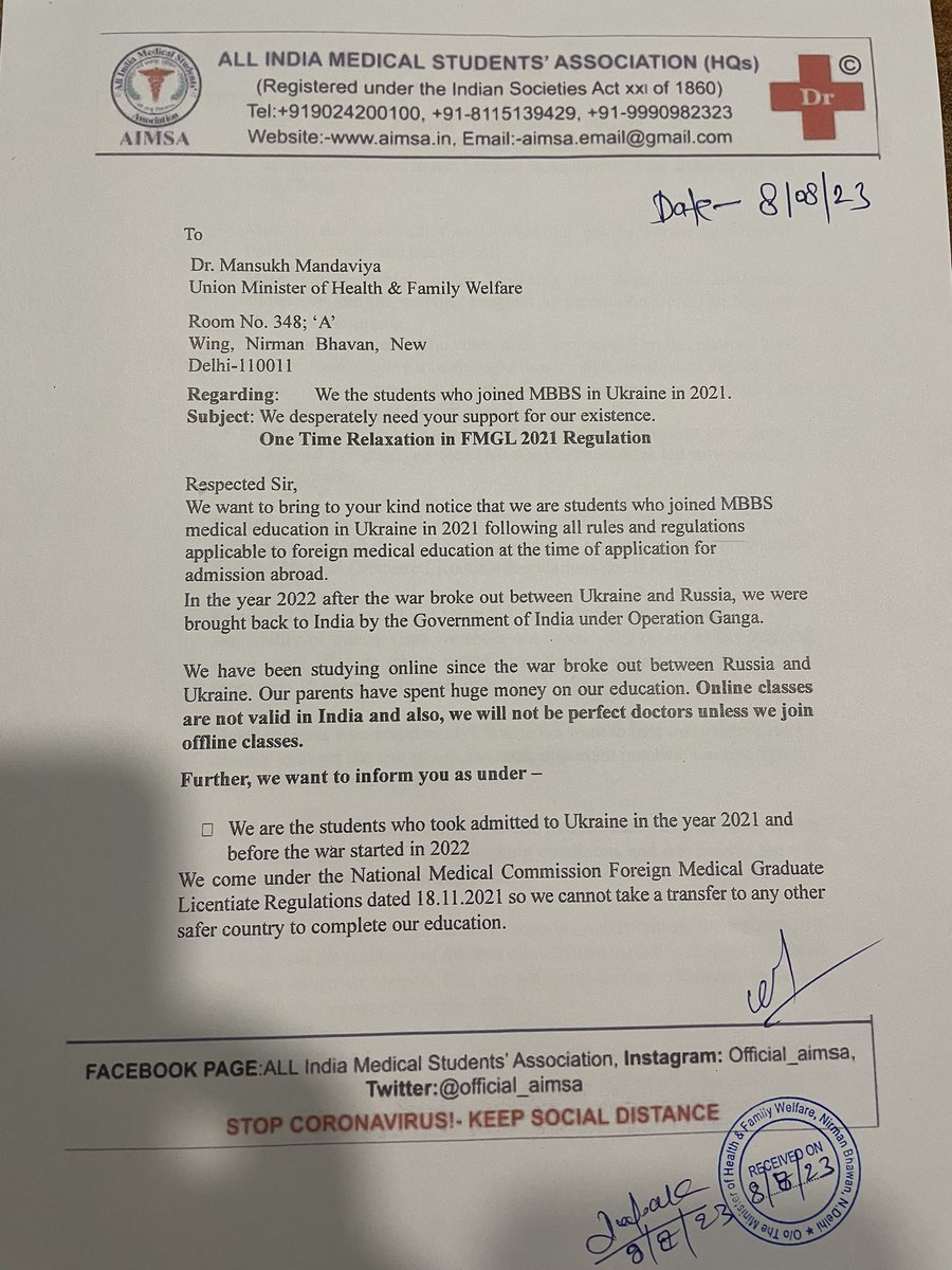 official_aimsa's tweet photo. @official_aimsa requests to @mansukhmandviya Ji & @NMC_IND to
 Allow transfer of students who have returned from Ukraine under FMGL 2021 regulation to any other safe country. So that they can do their remaining studies offline.
Condition of Ukraine is Unpredictable.
#AllowUsTransfer #RussiaUkraineWar @MoHFW_INDIA @PMOIndia #MedTwitter #FMG