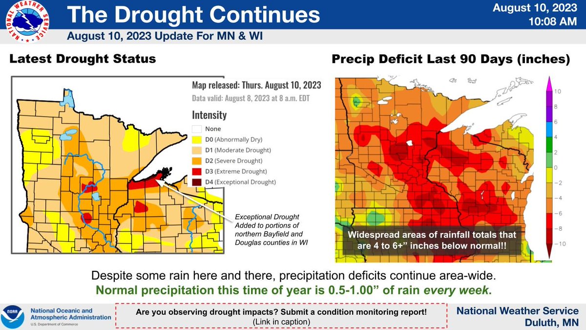 NWSduluth's tweet photo. While some recent rainfall has been seen across the region, many areas are still running 4 to 6 plus inches of rainfall below normal since mid May. If you are observing drought impacts, submit a report at https://t.co/ws0X0SzxIH https://t.co/8WYnw6sJNW