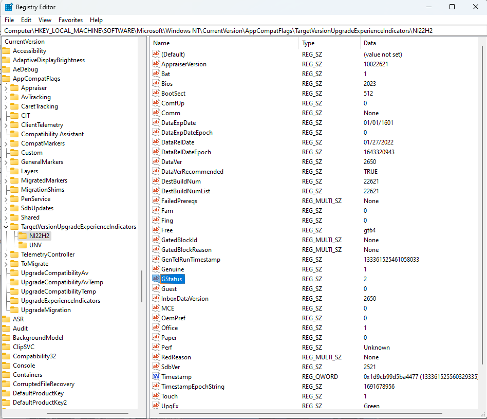 ariaupdated's tweet photo. #Reminder you can check the following to see if there are safeguard holds (#GStatus) in place or if your device is #Windows11 eligible (#UpgEx)
Computer\HKEY_LOCAL_MACHINE\SOFTWARE\Microsoft\Windows NT\CurrentVersion\AppCompatFlags\TargetVersionUpgradeExperienceIndicators\NI22H2 https://t.co/VQsXbdU23i