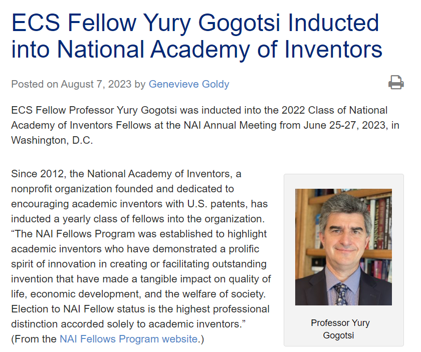 This week <a href="/ECSorg/">ECS</a> shared <a href="/YGogotsi/">Yury Gogotsi</a>'s induction to the <a href="/AcadofInventors/">National Academy of Inventors</a> on their website! 

Check out the announcement here: bit.ly/3YsDtyO