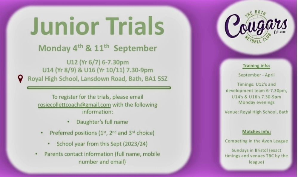 bath_nc's tweet image. Junior Avon League Trials. Registration NOW OPEN! U12s. U14s. U16s. Please contact Rosie. 
#juniornetball #bathcougars
@NetballinAvon @AvonNetball @KESBathSport