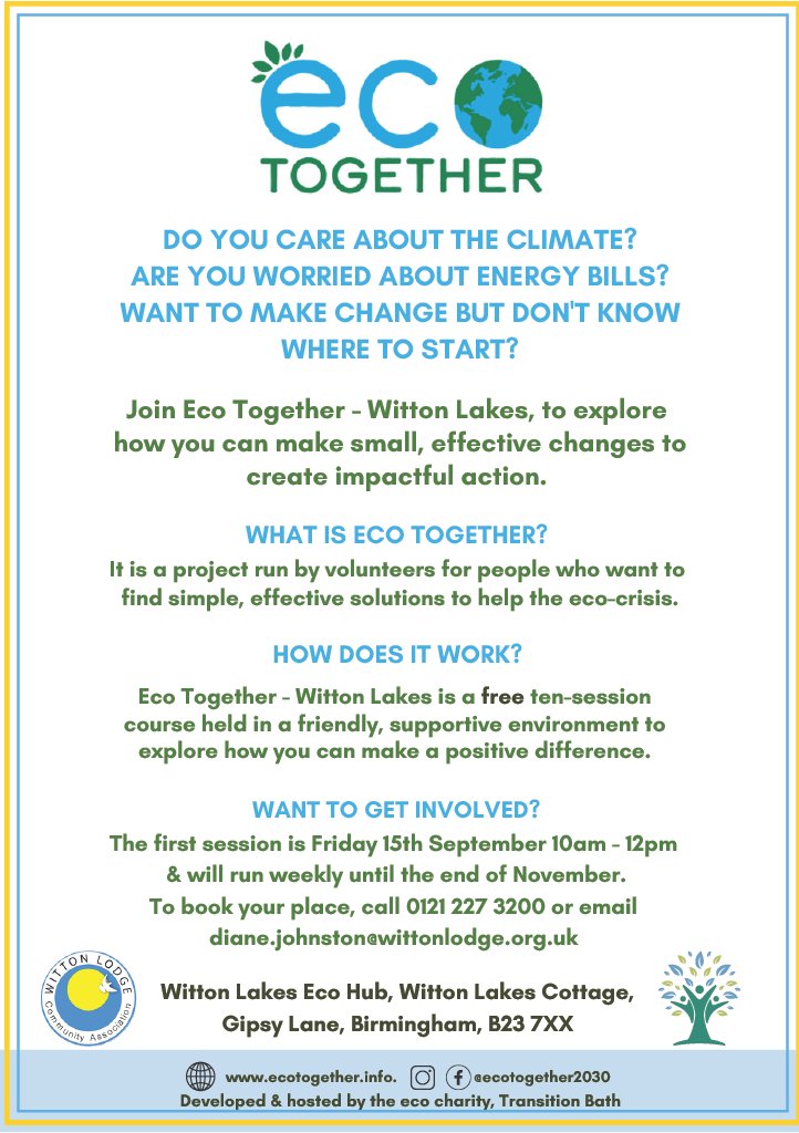 wittonlodge's tweet photo. We're delighted to welcome Eco Together - Witton Lakes to our Eco Hub this September. This FREE course will run every Friday 10am-12pm from 15th September to the end of November. Book your place by calling 0121 227 3200 or emailing diane.johnston@wittonlodge.org.uk
#EcoTogether https://t.co/6rKGCi8cVb