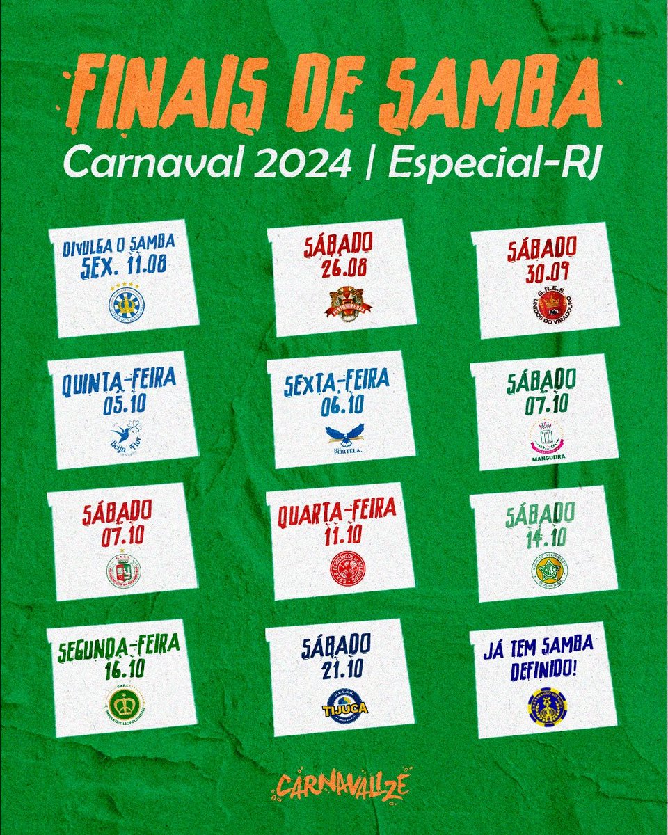 Carnavalize's tweet image. 🚨ALERTA DE CALENDÁRIO DE FINAIS! 🚨

Todas as escolas do Grupo Especial do Rio de Janeiro já definiram a data da final de seus concursos de sambas enredos para o #Carnaval2024! 

Fiquem ligados, salvem esse post para não perderem nada e marquem aquele amigo que irá te acompanhar…