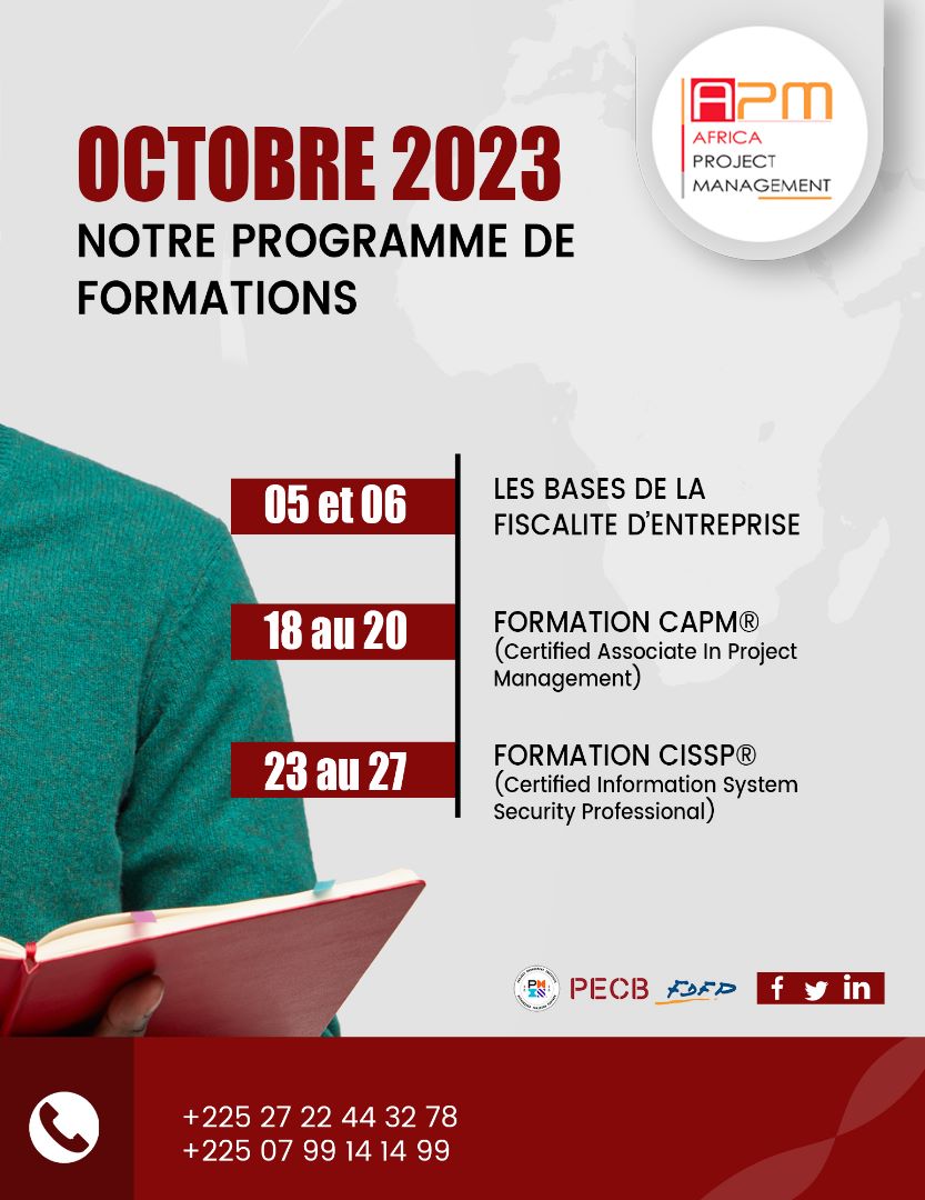APM_CI's tweet image. Découvrez notre 𝐩𝐫𝐨𝐠𝐫𝐚𝐦𝐦𝐞 𝐝𝐞 𝐟𝐨𝐫𝐦𝐚𝐭𝐢𝐨𝐧 𝐝𝐮 𝐦𝐨𝐢𝐬 𝐝𝐞 𝐎𝐜𝐭𝐨𝐛𝐫𝐞 𝟐𝟎𝟐𝟑.
- Les bases de la fiscalité d&apos;entreprise : urlz.fr/nbGD
- Formation CAPM® : urlz.fr/nbGG
- Formation CISSP® : urlz.fr/nbGJ