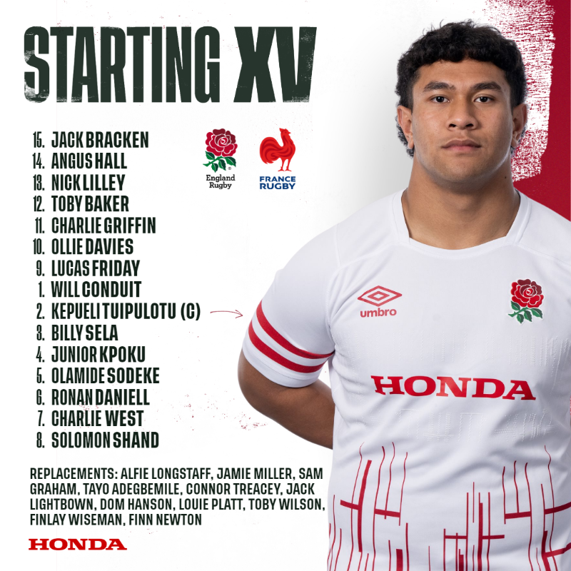 EnglandRugby's tweet photo. England U18 Men head coach Jonathan Pendlebury has named his squad to face France in the U18 International Series in South Africa on Friday