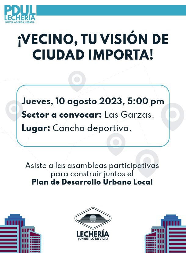manuelferreiraG's tweet photo. ¡Vecinos, su visión de ciudad es importante!
Por eso, los invitamos a que formen parte de la primera etapa de creación del Plan de Desarrollo Urbano Local
(PDUL).
Es importante su participación de forma activa en las asambleas vecinales que estarán programadas por sectores.
La Lechería que soñamos es posible y tú puedes ayudar a organizarla, desarrollarla y hacerla crecer.
¡Los esperamos