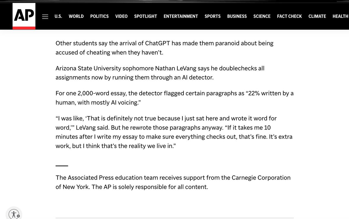 The fear of being falsely accussed of using AI is causing students to rewrite work just to pass a detector that cannot reliably know the difference. apnews.com/article/chatgp…
