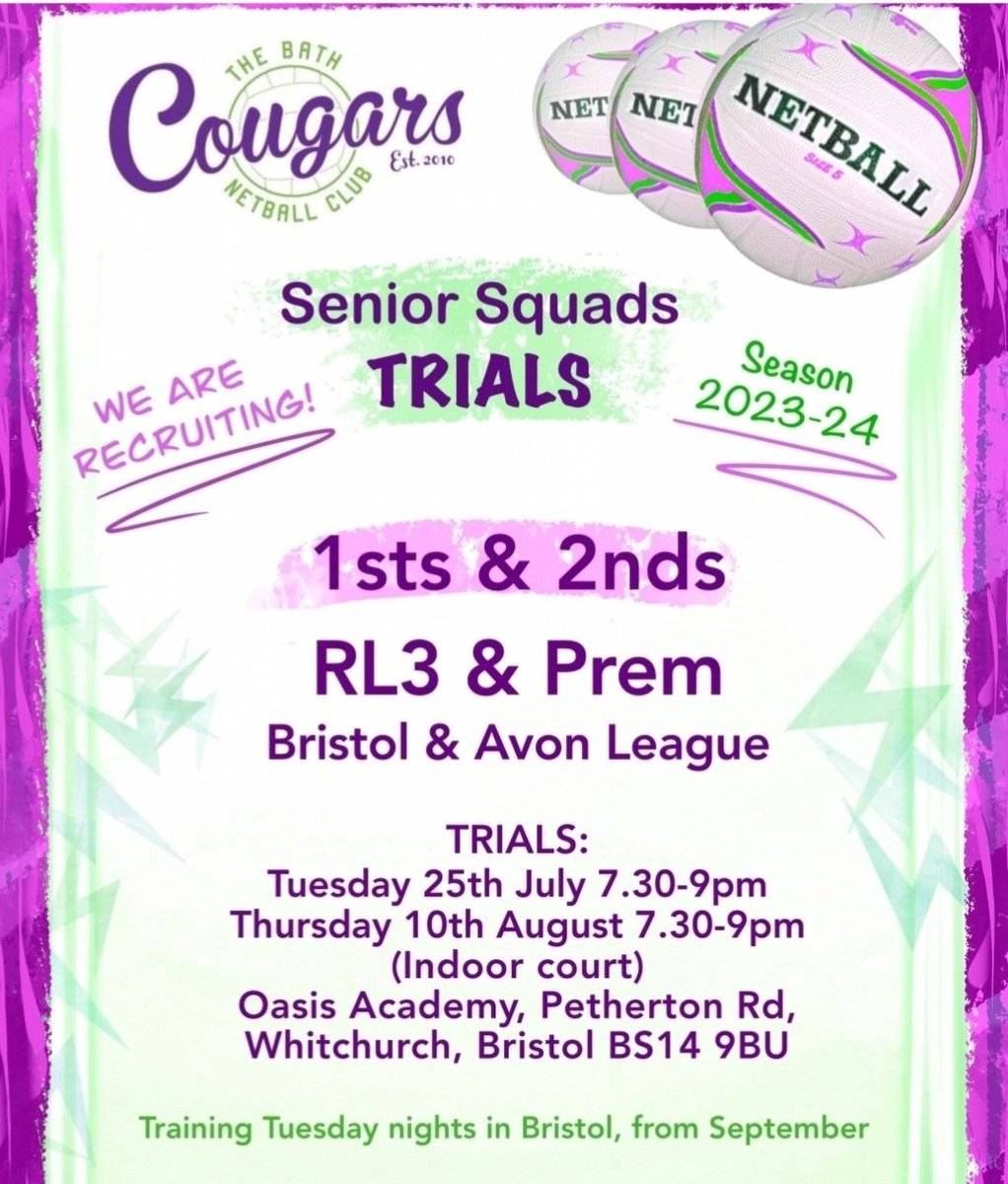 bath_nc's tweet image. Last chance to trial for RL3 &amp;amp; Prem. Tonight in Bristol! 
Hall available from 7pm! 
@NetballinAvon @AvonNetball @sourh 
💚💜
#netball #bathcougars